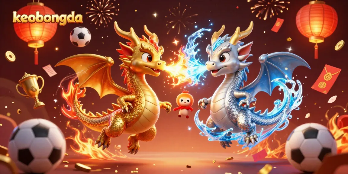 Experience thrilling sports betting insights with keobongda's dynamic illustration featuring fiery and icy dragons.