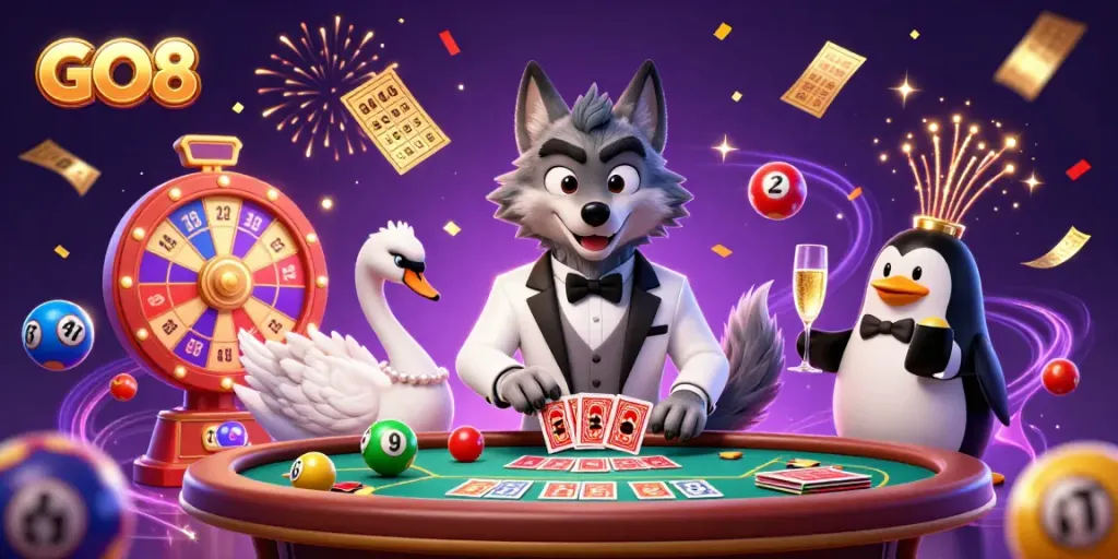 Experience thrilling gameplay with GO8 in a vibrant casino scene, showcasing dynamic characters and exciting elements.