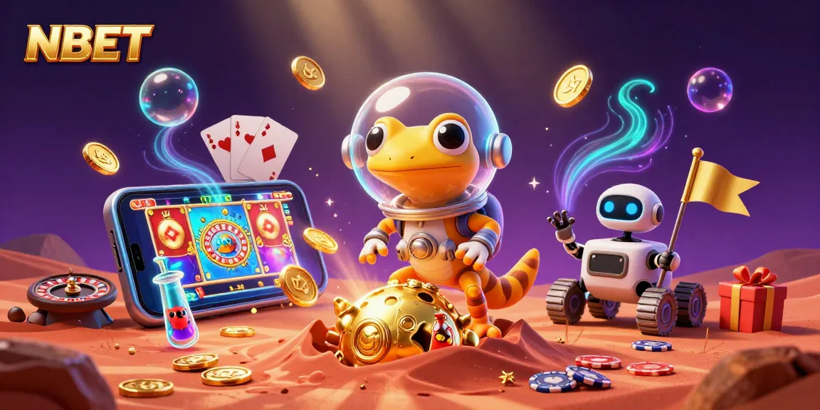 NBET online casino scene with a cartoon Martian gecko and slot game excitement.