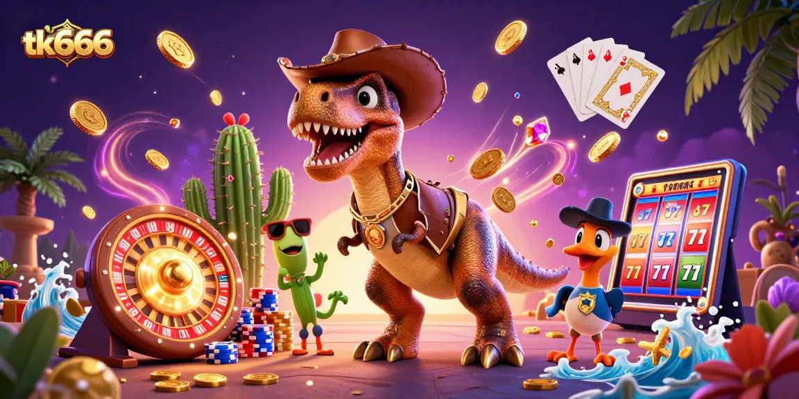 Engage with tk666 through fun slots; T-Rex and friends celebrate winnings amid gold coins and vibrant game elements.