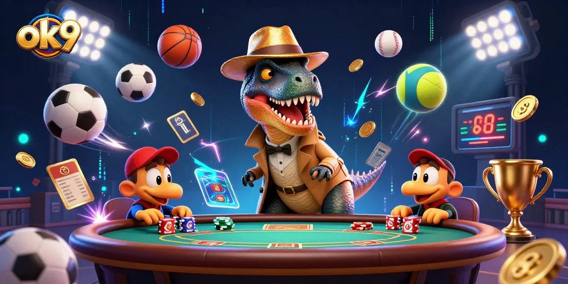 Experience exciting gambling action with ok9 featuring animated velociraptors and dynamic sports elements.