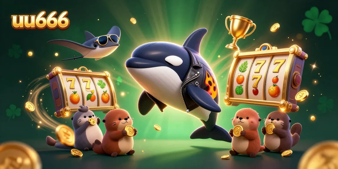 uu666 celebrates with vibrant 3D casino-themed illustration showcasing joyful sea creatures amidst gold and slot elements.