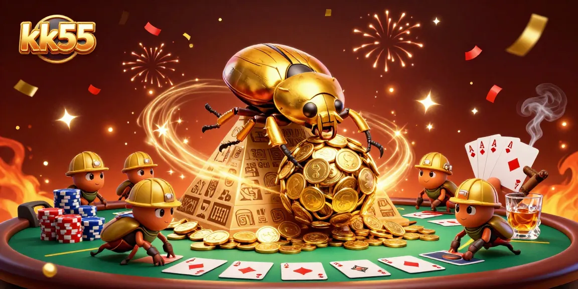 Experience epic gameplay at kk55 with golden beetle rolling coins and vibrant casino elements.