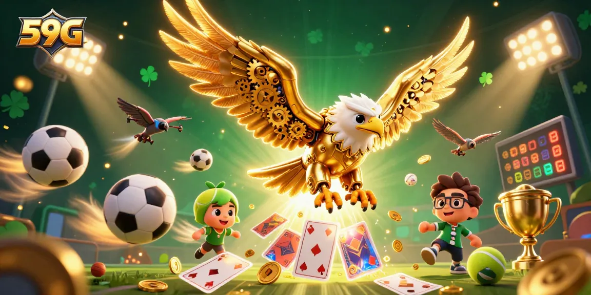 Engage with thrilling sports dynamics at 59G with a golden eagle, holographic cards, and flying sports balls.