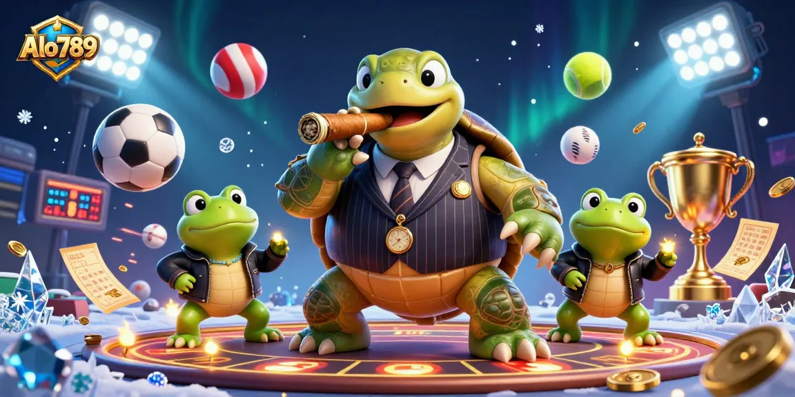Alo789 showcases an exciting 3D digital casino scene featuring a funny turtle and bullfrog enforcers, capturing the thrill of online gambling.
