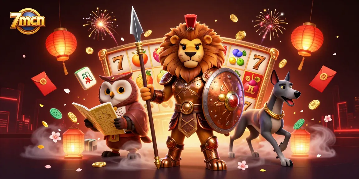 7mcn showcases a vibrant 3D illustration of a Spartan lion and characters amidst dynamic casino elements.