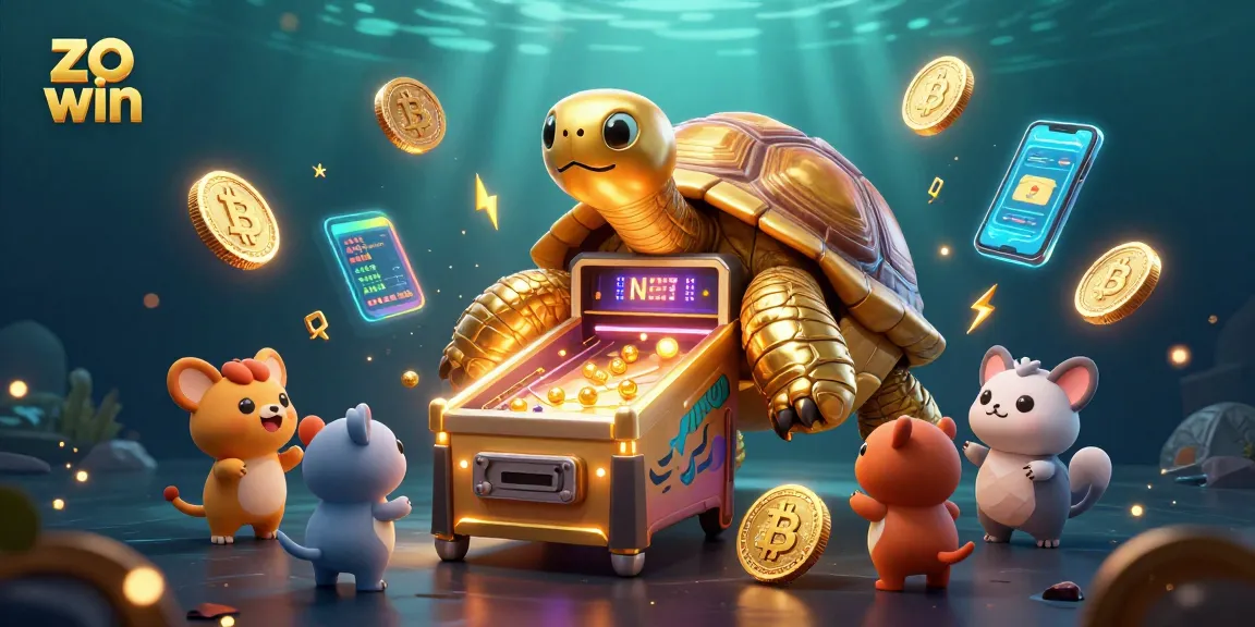 Win exciting rewards at zo win with a colossal golden tortoise in a vibrant casino scene.