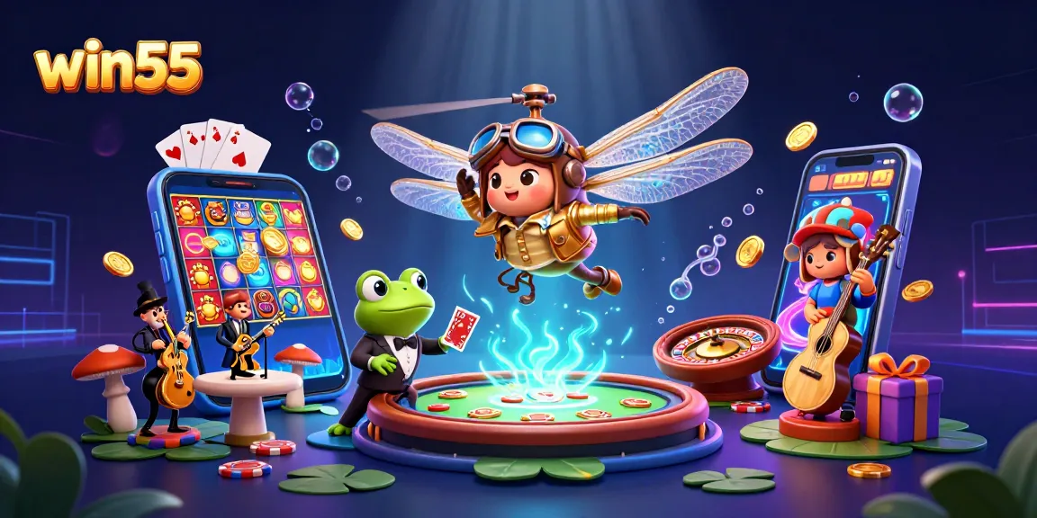 Experience thrilling gameplay at win55 with a lively casino scene featuring a dragonfly pilot and frog croupier.