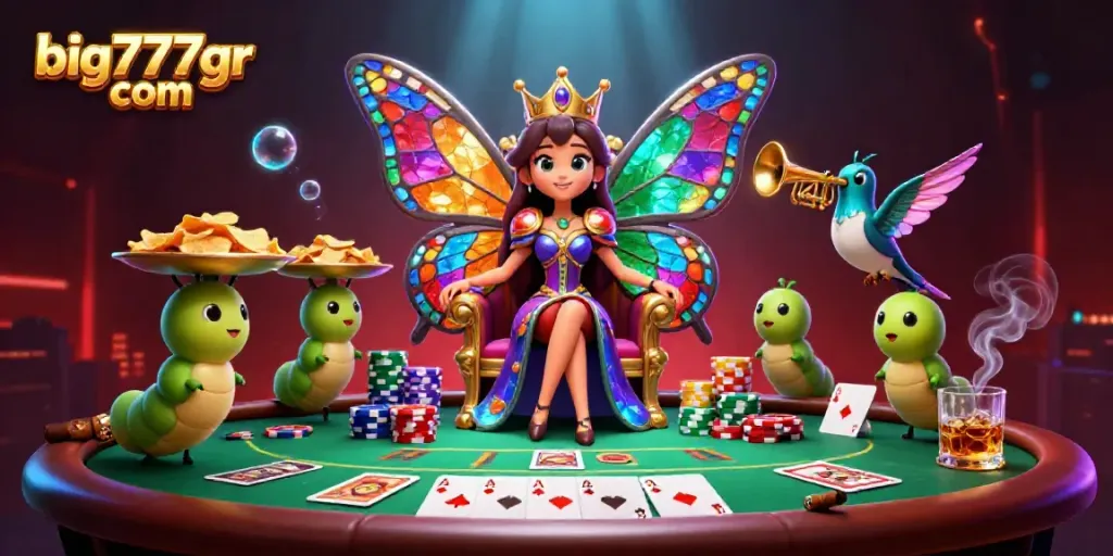 Experience the dynamic excitement of big777gr com with a vibrant casino-themed illustration featuring poker elements.