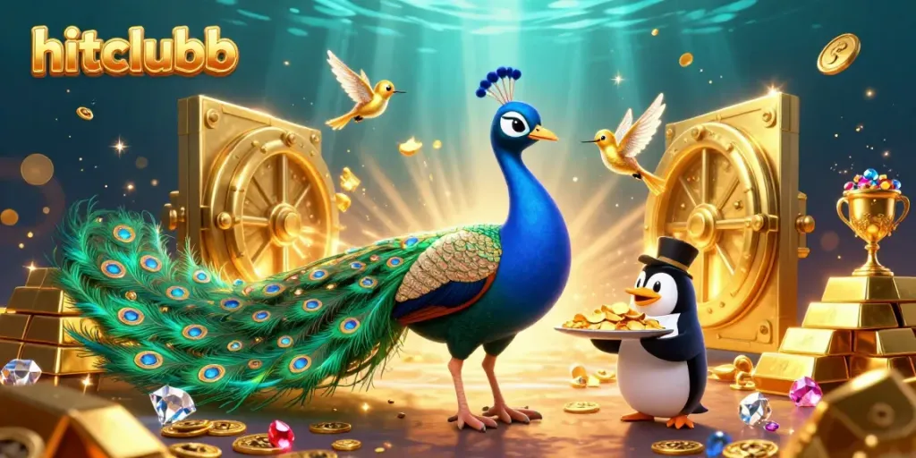Win big at hitclubb with a vibrant casino scene featuring a dazzling peacock and golden treasures.