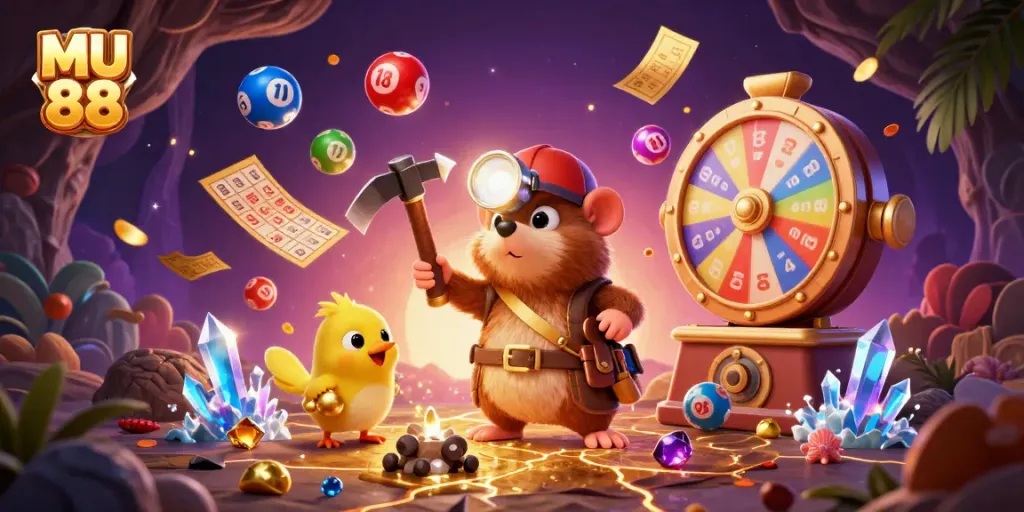 Engage with MU 88's vibrant lottery-themed adventure, featuring a mining mole and canary amidst dynamic elements.