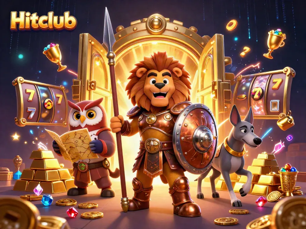 Join the Hitclub adventure with a Spartan lion, an owl strategist, and a greyhound amidst treasures.