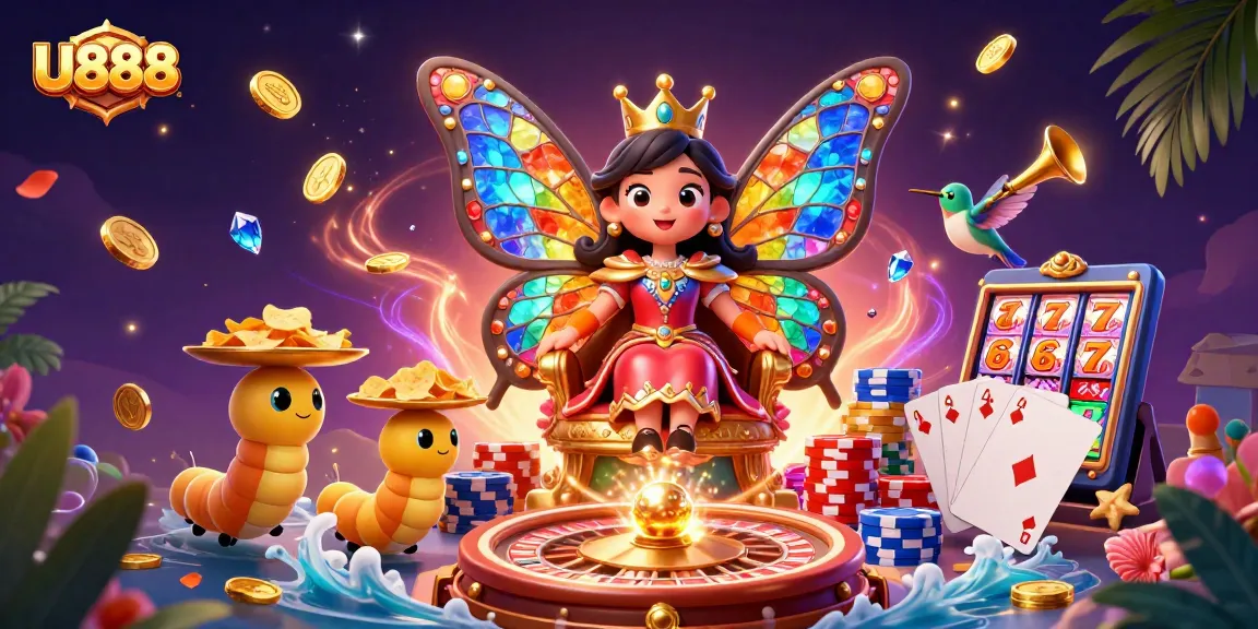 Experience U888’s vibrant casino world with cascading coins and a colorful butterfly queen.