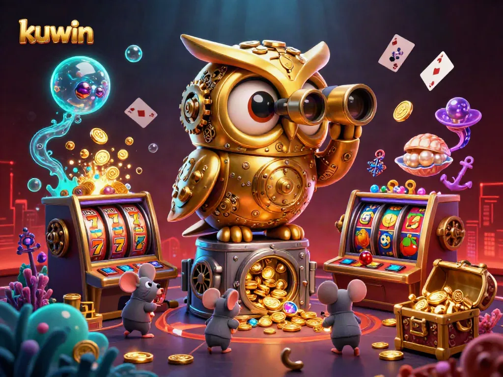Engage with kuwin's vibrant casino world featuring a clockwork owl and exciting jackpot slots.