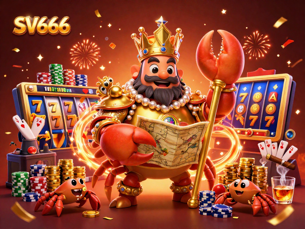 SV666 showcases a golden crab emperor amidst a bustling casino, celebrating winning moments.