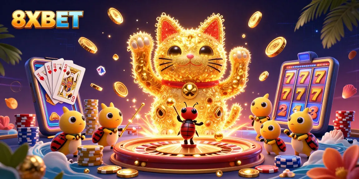 Engage with 8XBET through a vibrant 3D illustration showcasing a lucky cat and casino symbols.