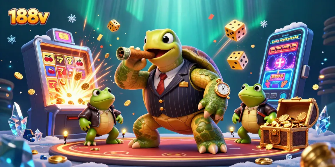Experience the exciting world of 188v with a massive slot machine bursting with jackpot coins and lively casino characters.