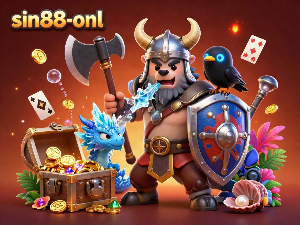 The Viking wolf warrior and dragon in action at sin88-onl, surrounded by treasure and gaming elements.
