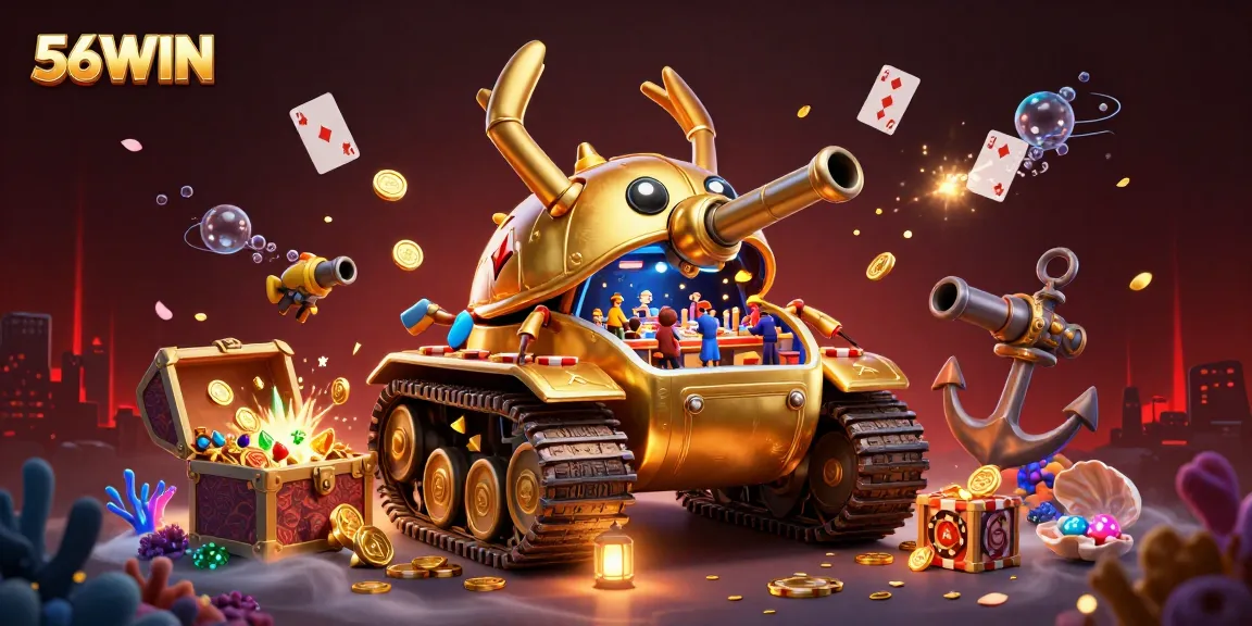 Engage with 56WIN's thrilling gaming experience inside a golden casino beetle, featuring exciting game elements.