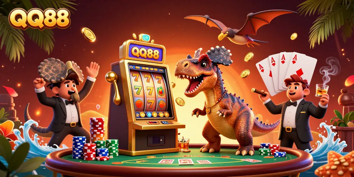 QQ88 players experience exciting wins as dinosaurs interact with slot machines and poker elements in a vibrant casino