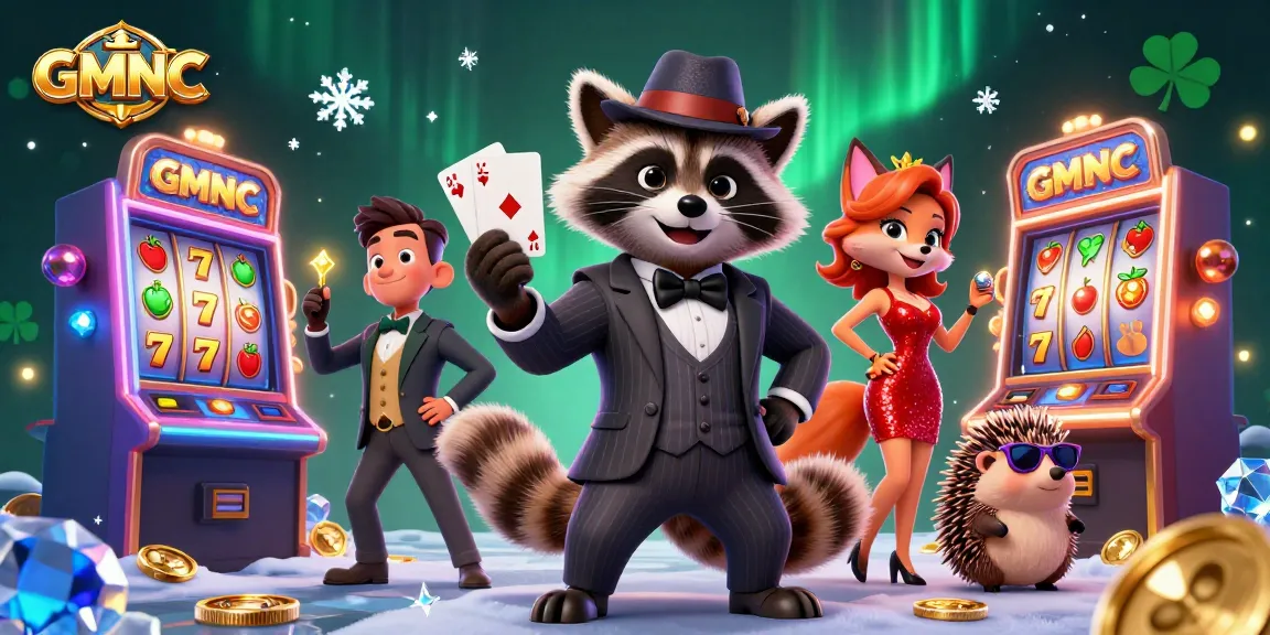 Experience the thrill of GMNC casinos with a raccoon holding a royal flush amidst vibrant slot machines.