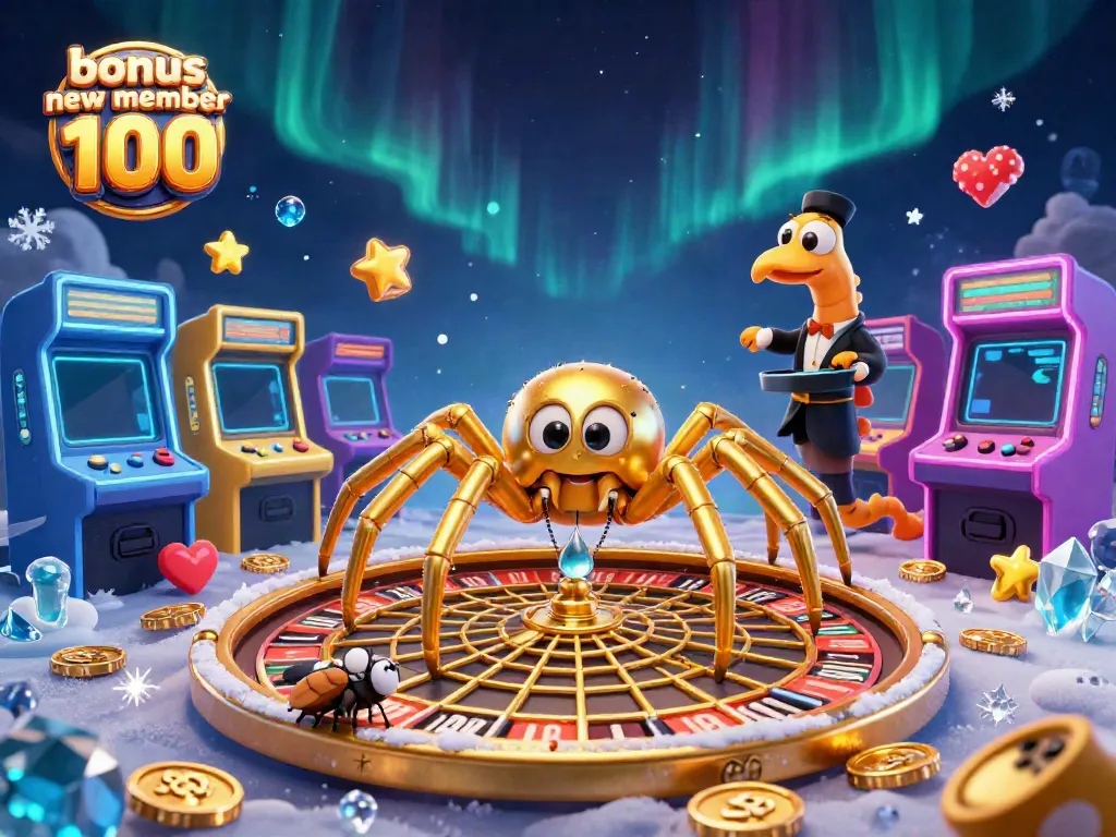 Engage with the vibrant scene of "bonus new member 100" featuring a golden spider at the roulette web.