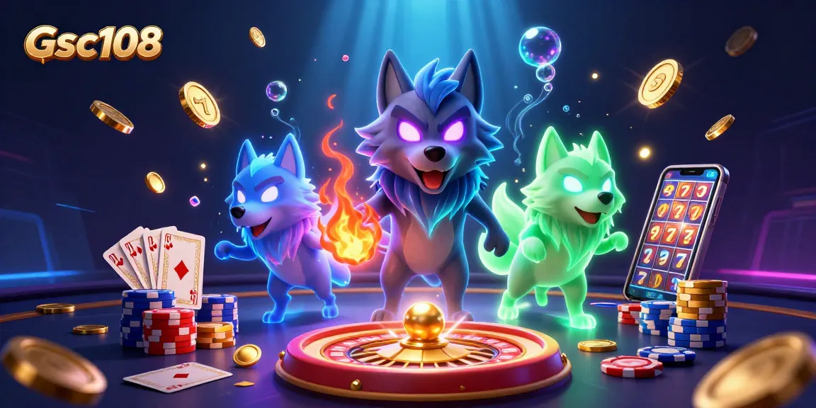 Experience Gsc108's thrilling gameplay with captivating wolf characters and swirling casino elements.