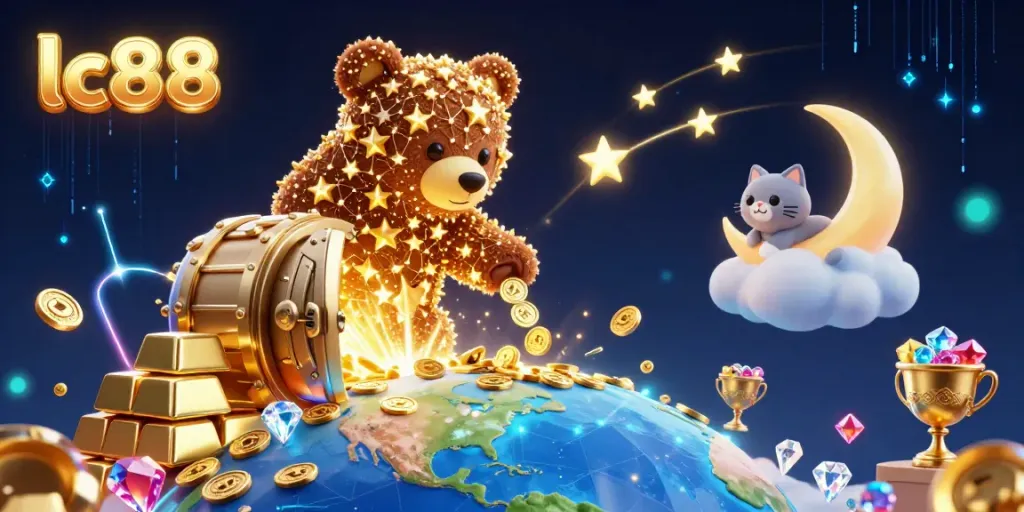 Experience high stakes at lc88 with the magical constellation bear scooping coins amidst treasure in this vibrant casino scene.
