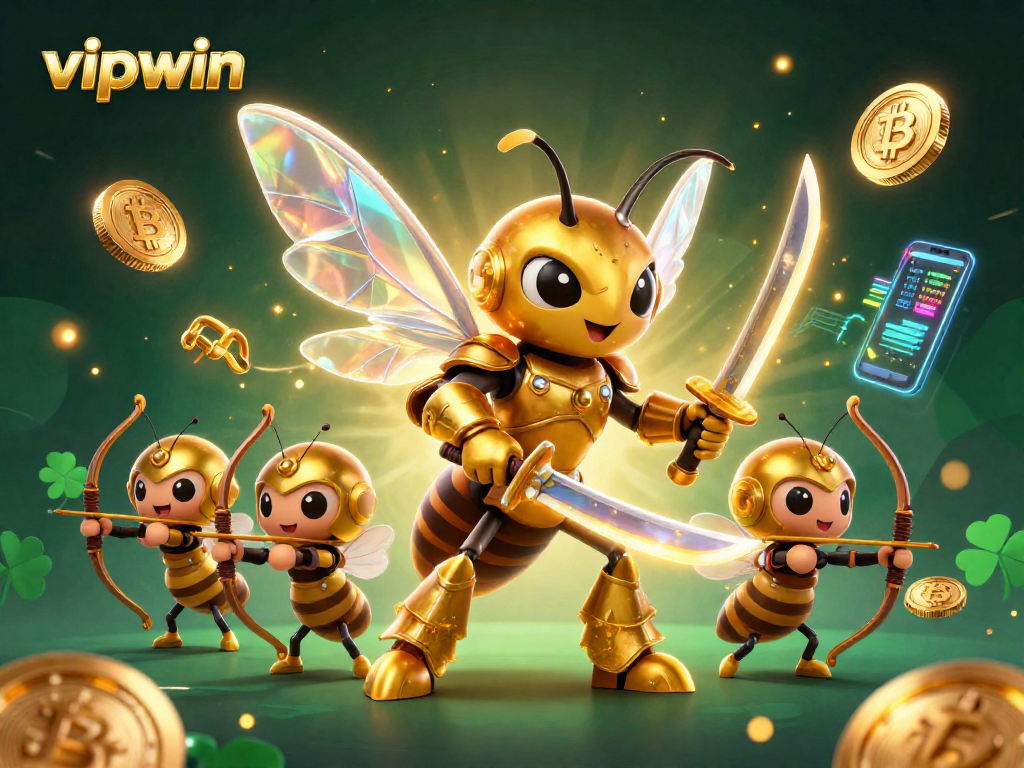 Engage with vipwin through an exciting dynamic scene featuring a cartoon giant hornet and crypto elements.
