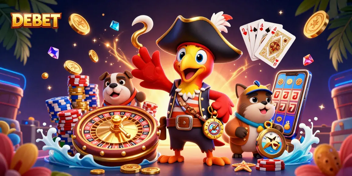 Engage with DEBET's thrilling world through a vibrant 3D casino scene featuring pirates and game elements.