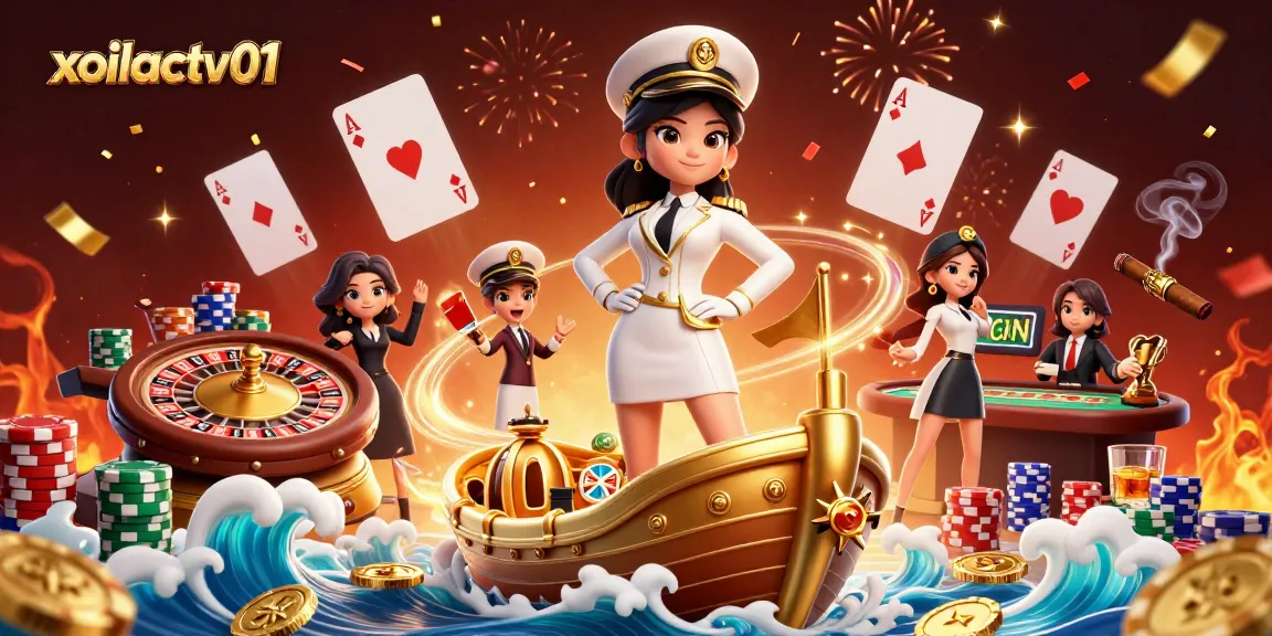 Xoilactv01 showcases an engaging live casino scene with a commanding Asian woman, vibrant game elements, and rich visuals.