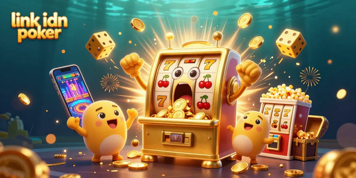 Menangkan jackpot dengan link idn poker yang mengasyikkan dan mesin slot berwarna emas dalam ilustrasi menarik.