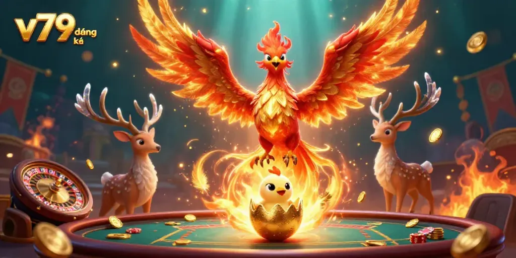 Engage in exciting gameplay with v79 đăng ký at a dynamic casino scene featuring mythical creatures.