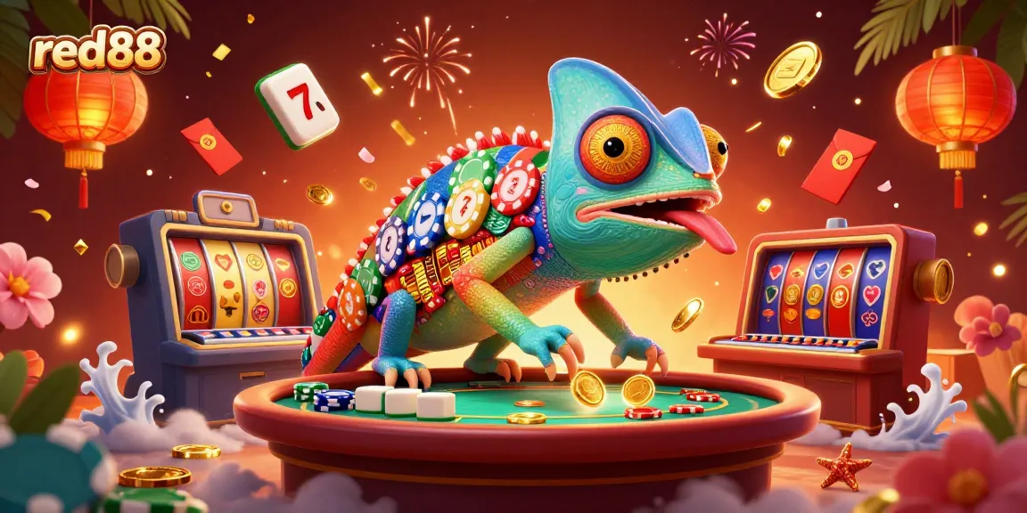 Engage with red88's vibrant casino atmosphere featuring a lively chameleon collecting coins.