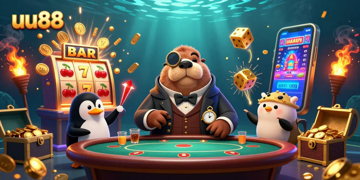 Experience thrilling bets at uu88 with a jolly walrus and friends at an underwater poker game.