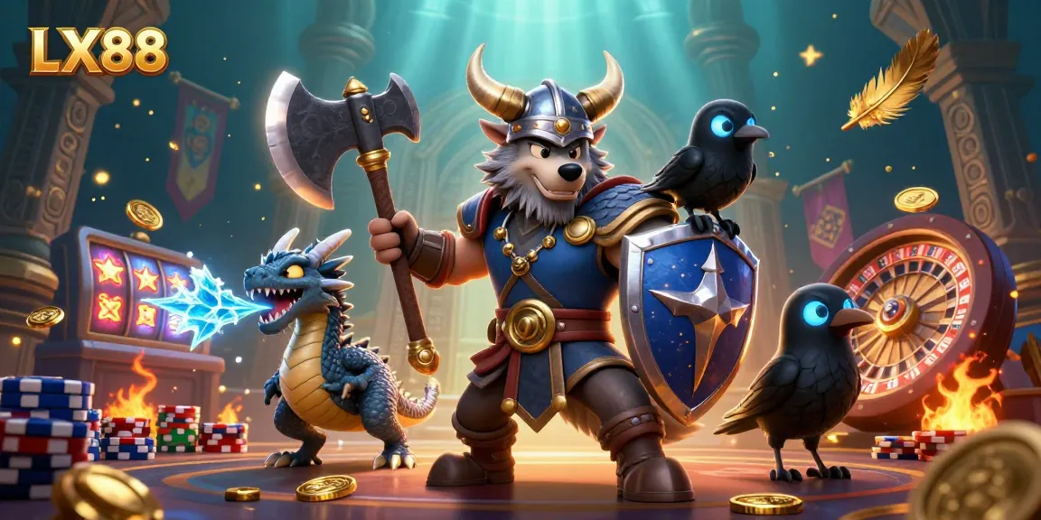 Experience exhilarating gaming action with LX88’s vibrant casino scene featuring Viking, dragon, and raven.