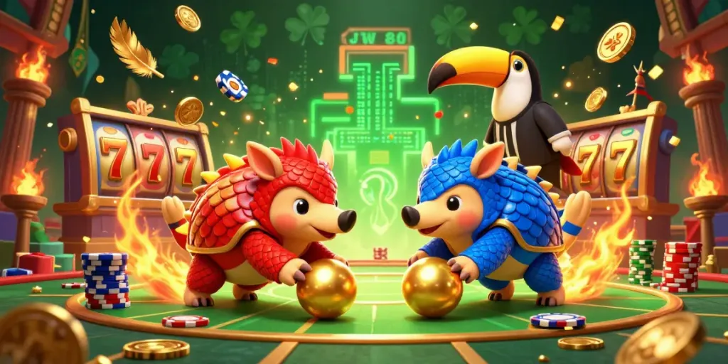 Engaging JW 88 casino illustration with animated pangolins bowling through poker chips and exciting game elements.