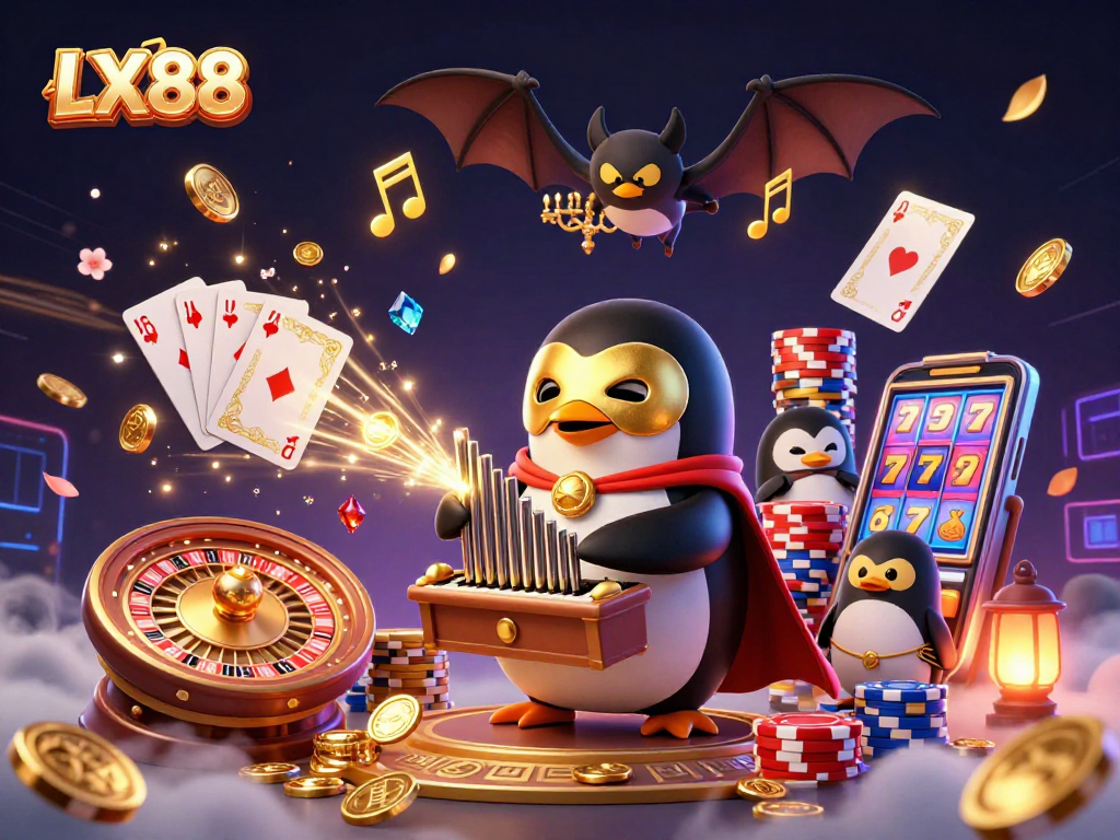 Experience thrilling action at LX88 with cartoon characters, golden coins, and casino elements in a vibrant scene.