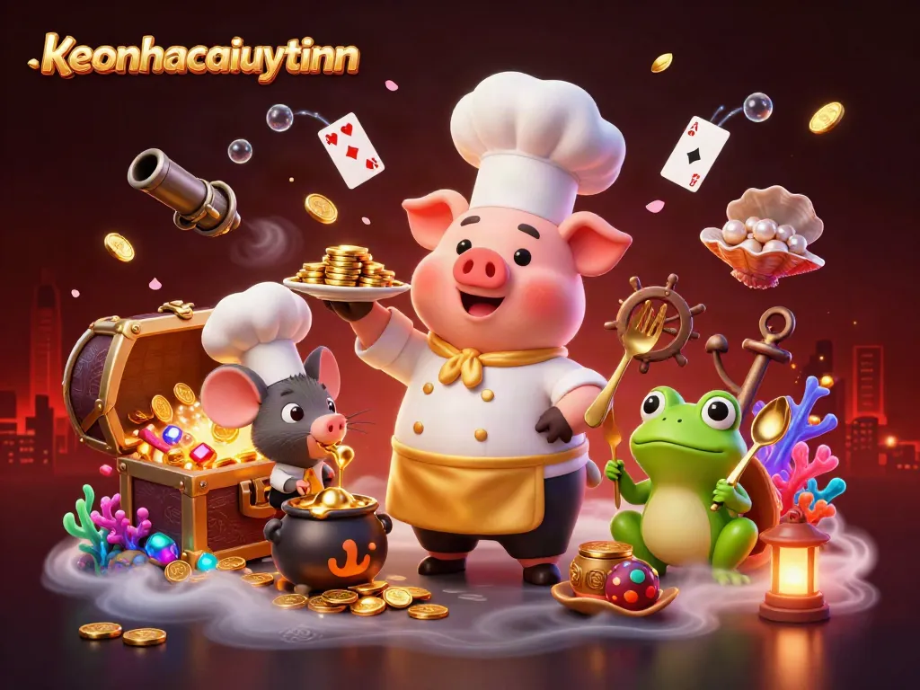 Engage with keonhacaiuytinn through a vibrant scene of characters, gold coins, and dynamic casino elements.