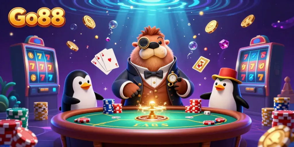 Win big at Go88 with fun characters at a vibrant underwater poker game.