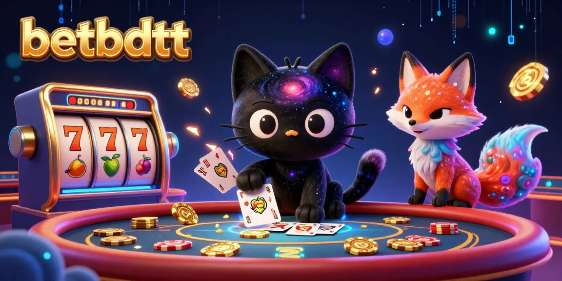 Experience the vibrant casino action with betbdtt as a cosmic cat pulls in golden chips at a colorful gaming table.