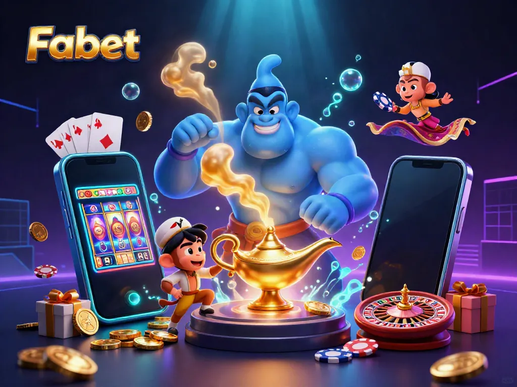 Experience the thrill of winning at Fabet with a magical genie, poker chips, and vibrant casino elements.