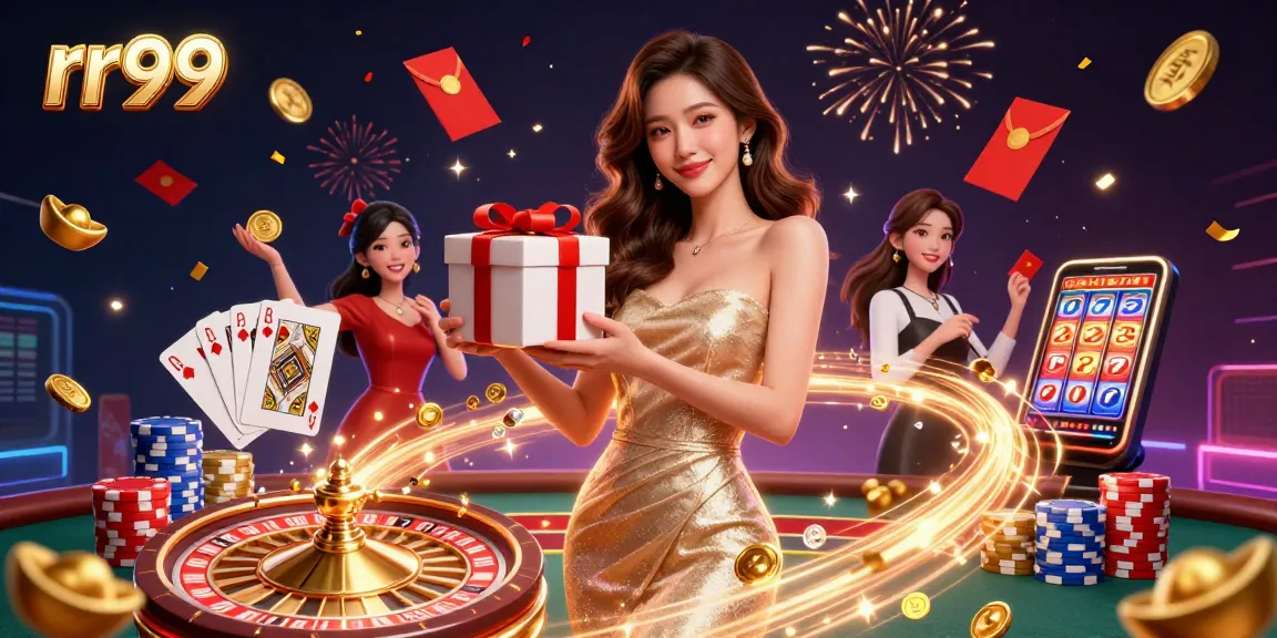 Win big at rr99 with a festive scene featuring a gorgeous Asian woman with gambling elements.