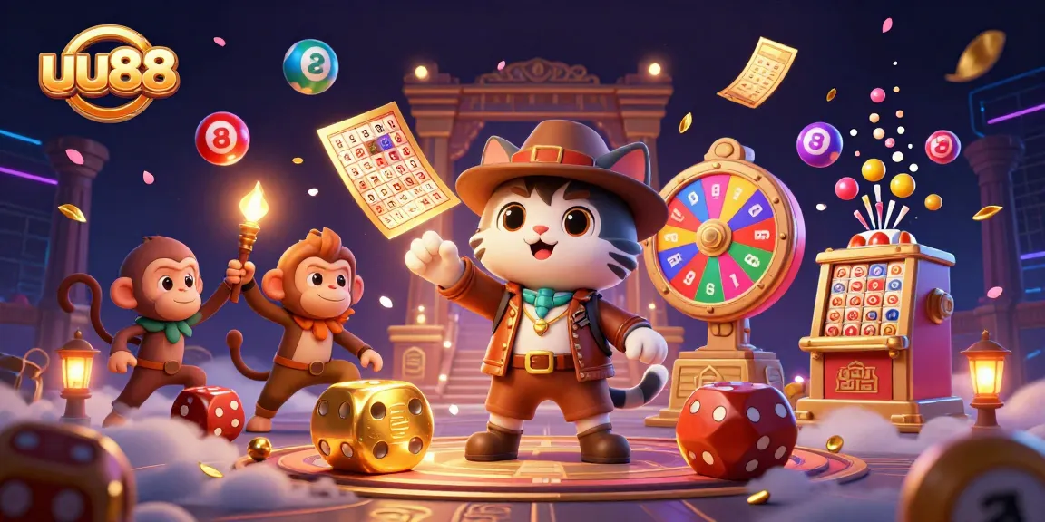 uu88 showcases an explorer cat discovering a golden casino artifact amidst colorful lottery elements in this vibrant illustration.