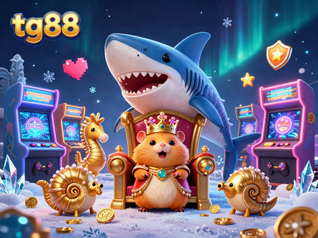 Engage with the tg88 casino scene featuring a fierce golden hamster king on a megalodon throne amidst vibrant gaming elements.