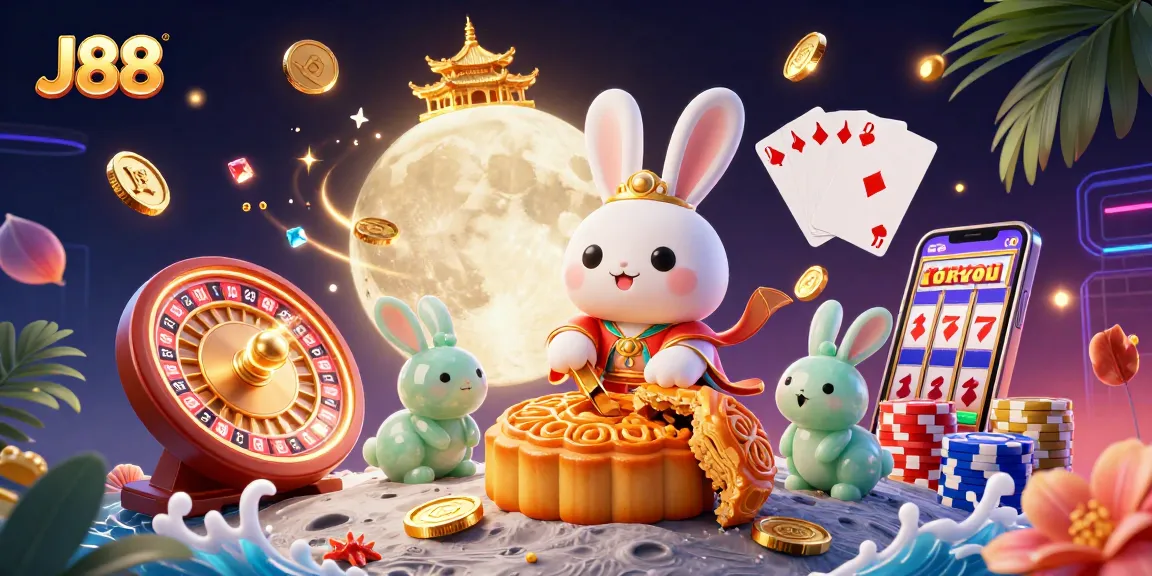 Spin and win with J88 as the moon rabbit reveals poker treasures among cascading jewels.