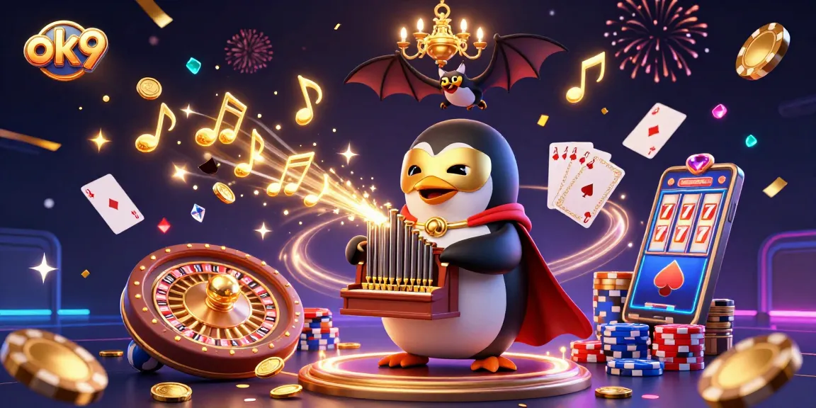 Engage with the exciting world of ok9 as the phantom penguin plays an organ shooting gold coins in a dynamic casino scene.