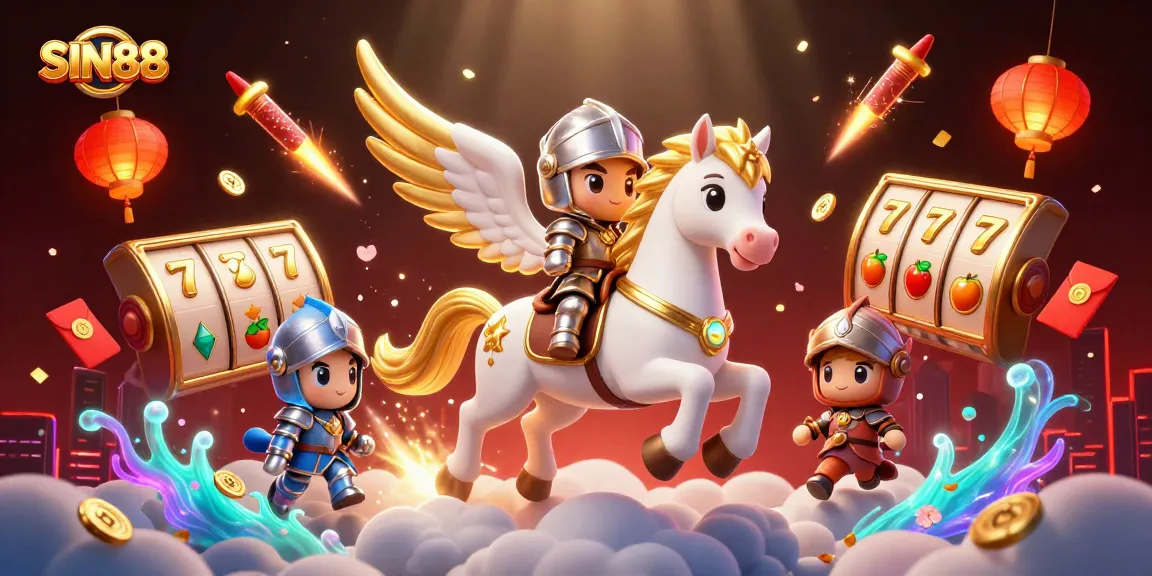 Bet on winnings with SIN88 as the celestial horse and knight ride through a vibrant casino scene.