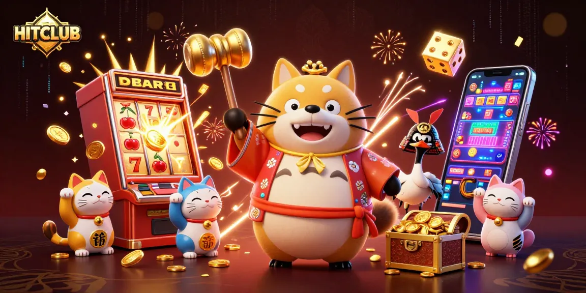 Engage with HITCLUB's vibrant casino scene showcasing a cheerful tanuki and jackpot excitement.