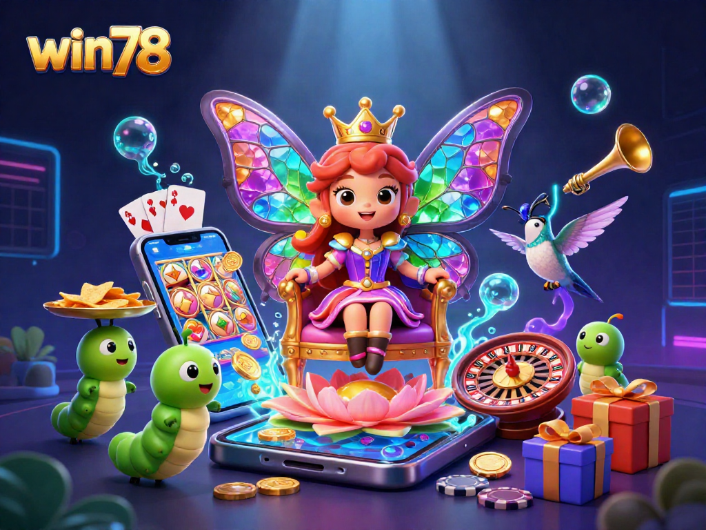 Experience win78 with vibrant casino imagery featuring a butterfly queen and dynamic game elements.